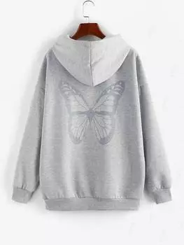ZAFUL Толстовка с капюшоном и заниженной линией плеч на флисовой подкладке с принтом «бабочка» S серый