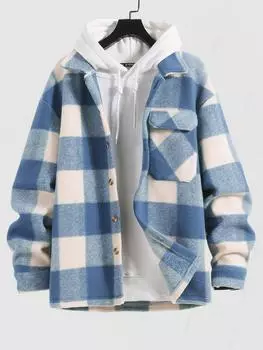 ZAFUL УНИСЕКС клетчатое шерстяное пальто с отложным воротником и цветными карманами M светло-синий