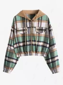 ZAFUL Женская повседневная укороченная куртка с капюшоном в клетку с круглым кольцом и молнией в стиле колор-блок S зелёный