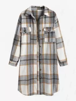 ZAFUL Women s Casual Plaid Turn-down Collar Double Pockets Design Asymmetric Hem Button Front Flannel Long Coat Shacket S чёрный