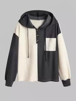 ZAFUL Women s Daily Casual Two Tone Colorblock Half and Half Drawstring Button Placket Pocket Drop Shoulder Pullover Hoodie S чёрный