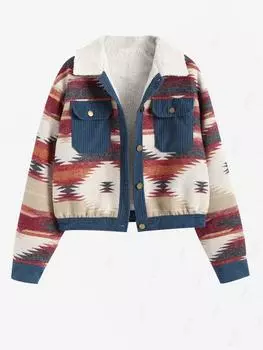 ZAFUL Женская куртка из смесовой шерсти с этническим ацтекским геометрическим принтом и вельветовым сращиванием и флисовой подкладкой S синий