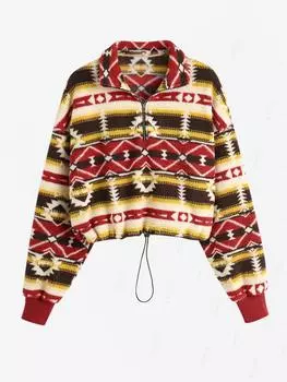 Женская толстовка ZAFUL в этническом стиле с принтом ацтеков, застежкой-молнией на короткую четверть длины, застежкой-молнией на шнурок, отложным воротником, длинными рукавами, свободная, пушистая, плюшевая S кофейный