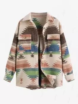 ZAFUL Женская однобортная рубашка с длинным рукавом в этническом стиле с геометрическим принтом и карманами-карго S коричневый