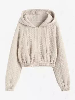 ZAFUL Женская жаккардовая текстурированная куртка на молнии с заниженной линией плеч, облегающая, укороченная, с капюшоном S света кофе