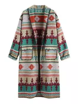 ZAFUL Женское длинное пальто из смеси шерсти с воротником-шалью, длинными рукавами, в этническом стиле, с ацтекским геометрическим узором, узором «хлыст», карманами-клапанами и открытым передом S красный
