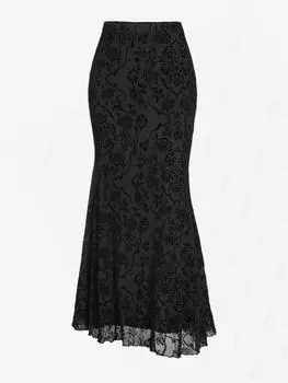 ZAFUL Женская готическая сетчатая накладная юбка макси-русалка с цветочным принтом и эластичной талией S чёрный
