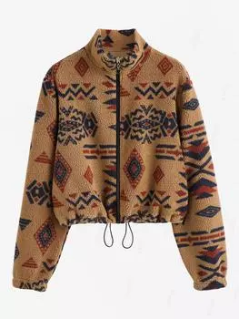 ZAFUL Женская куртка-пушистая на молнии с длинным рукавом и воротником-стойкой в этническом стиле с ацтекским геометрическим узором S кофейный