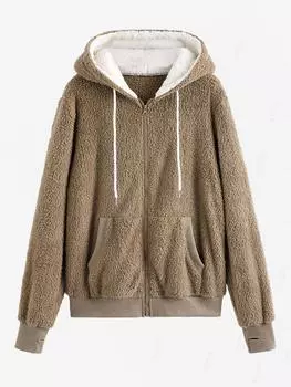 ZAFUL Женская однотонная куртка-толстовка с капюшоном на молнии с завязками на рукавах и отверстиями для больших пальцев, повседневная, пушистая, с фактурным искусственным мехом, карманами и застежкой-молнией S света кофе