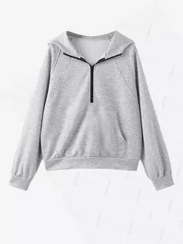 ZAFUL Женская однотонная толстовка с капюшоном в спортивном стиле с передним карманом, рукавом реглан и застежкой-молнией на половину длины S светло-серый