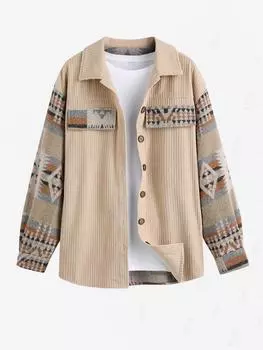 ZAFUL Женская повседневная этническая ацтекская жаккардовая куртка с заниженной линией плеч, отложным воротником, отделкой из клапанов, застегивающейся на пуговицы L света кофе