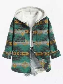 ZAFUL Женская повседневная куртка из шерстяной смеси в винтажном этническом стиле с геометрическим принтом ацтеков S зелёный