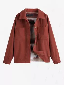 ZAFUL Женская повседневная куртка с этническим ацтекским принтом, вельветовыми карманами, застежкой на пуговицы, отложным воротником и длинным рукавом S кофейный