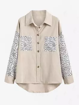 ZAFUL Женская повседневная куртка с высокой посадкой и леопардовым принтом, вшитыми передними карманами, застежкой на пуговицы, длинными рукавами, вельветовая куртка S абрикосовый