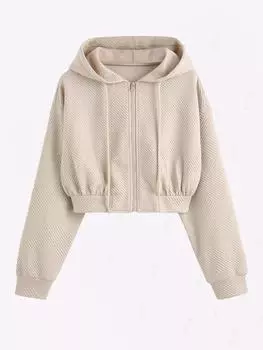 ZAFUL Женская повседневная однотонная текстурированная толстовка с заниженной линией плеч, застежкой-молнией спереди, капюшоном и укороченным капюшоном S света кофе