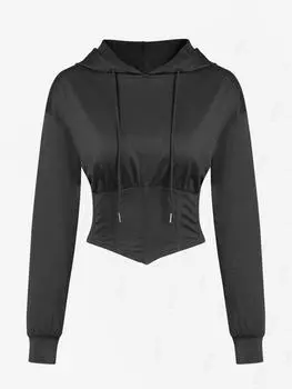 ZAFUL Женская повседневная однотонная толстовка с капюшоном и длинными рукавами в стиле корсета с завязками на подоле S чёрный