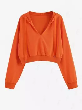 ZAFUL Женская повседневная однотонная толстовка с V-образным вырезом и длинными рукавами, укороченная толстовка с капюшоном и боковыми разрезами S темно-оранжевого