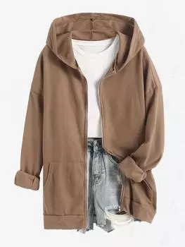 ZAFUL Женская повседневная однотонная трикотажная толстовка с капюшоном, заниженной линией плеч, карманом на молнии, свободная толстовка с капюшоном S кофейный