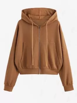 ZAFUL Женская повседневная повседневная клетчатая толстовка с капюшоном и застежкой-молнией на кармане с завязками S кофейный