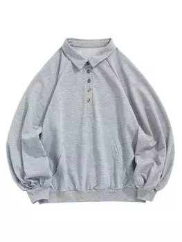 ZAFUL Женская повседневная толстовка-пуловер с отложным воротником и полупуговицей, длинный рукав реглан, карман-кенгуру S серый