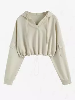 ZAFUL Женская повседневная толстовка с капюшоном, V-образным вырезом, карманом, однотонным принтом, застежкой-молнией и шнурком S света кофе