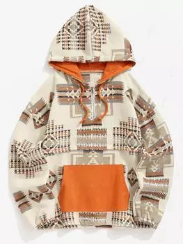 ZAFUL Женская свободная толстовка с капюшоном на молнии с геометрическим принтом в стиле ацтекского племени и завязками на переднем кармане S оранжевый
