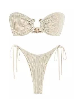 ZAFUL Женский комплект бикини-бандо с металлическим украшением и кольцом, текстурированный, со шнуровкой сзади и завязками по бокам, из двух частей XS света кофе