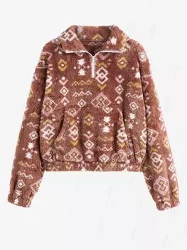 ZAFUL Женский отложной воротник, передний карман, этнический стиль, ацтекский племенной геометрический принт, четвертная молния, пушистый фактурный пуловер, плюшевая толстовка S кофейный
