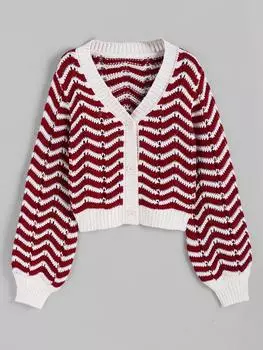 ZAFUL Женский повседневный двухцветный ажурный кардиган с V-образным вырезом и пуговицами на рукавах-фонариках M красный