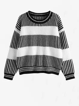 ZAFUL Женский повседневный свитер с круглым вырезом, длинным рукавом, спущенным плечом, свободный, с вертикальными полосками, цветной блок, пуловер, джемпер S чёрный
