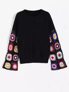 ZAFUL Женский повседневный свитер с заниженной линией плеч, расклешенным рукавом, свободным круглым вырезом, вязаным крючком вставкой в виде бабушкиного квадрата, сращенный пуловер, свитер S темно-оранжевого