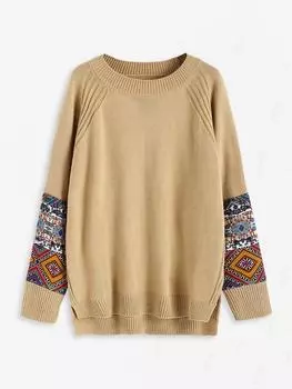 ZAFUL Женский повседневный свитер в этническом стиле с геометрическим рисунком ацтеков, рукавом реглан, круглым вырезом и боковыми разрезами, асимметричным кроем S света кофе