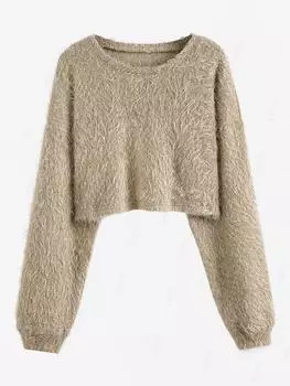 ZAFUL Женский пушистый искусственный мех, однотонный, с длинными рукавами, укороченный свитер-пуловер S кофейный