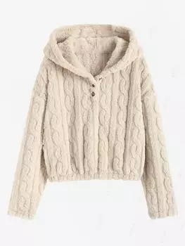 ZAFUL Женский пушистый жаккардовый фактурный искусственный мех с косами и полупуговицами, короткий пуловер на каждый день с капюшоном S света кофе