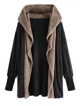 ZAFUL Женское повседневное длинное пальто с открытым передом в двухцветном стиле с цветными блоками, пушистое, с капюшоном и фактурной отделкой L чёрный