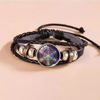 Загадочный метатронный кубический стеклянный кабошон, кожаные браслеты на шнуровке, регулируемый браслет на пуговицах для мужчин