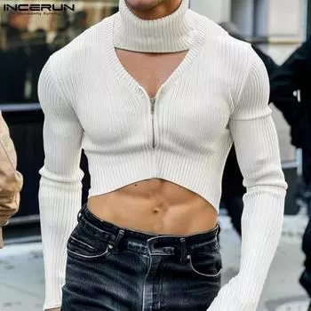 заглавие:INCERUN Мужские трикотажные топы с высоким воротником и вырезами, с длинным рукавом, короткие майки на молнии XL коричневый