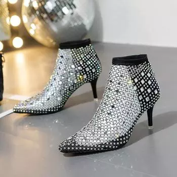 Загорелые ботинки для женщин до 30 лет, женская мода, сексуальные, с острым каблуком, сандалии цвета стразана, носки в сетку, эластичные носки 34 чёрный