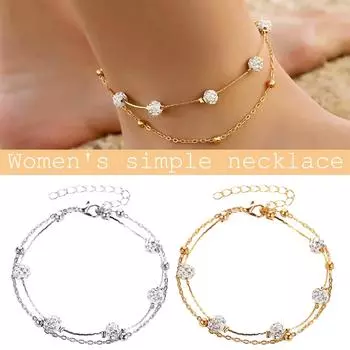 (заграждение)Модный браслет с бриллиантовым шаром и кристаллом, двойной ножной браслет, пляжные украшения для ног One Size золотой