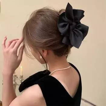 Захват для волос Большой тканевый бант Сплошной цвет Пятно Противоскользящий узел Ретро-коса Заколка для хвоста для милой девушки Зажим для волос Зажим для волос Женские аксессуары для волос чёрный