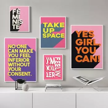 Займи пространство Феминистский плакат Яркая цитата Настенная живопись Холст Великолепная типографика Ретро принты Спальня для девочек Домашний декор 21x30cm No Framed
