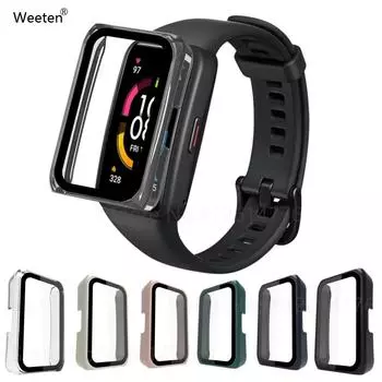 Закаленное стекло + чехол для часов Huawei Band 6 / 7 / 8 / 9 NFC Защитная пленка для экрана Honor Band 6 7 Чехол-бампер For Huawei Band 6 / 7 розовый