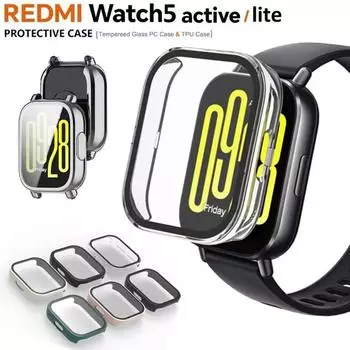 Закаленное стекло + чехол для ПК для Xiaomi Redmi Watch 5 Active/Lite Защитная пленка для экрана Чехлы для часов Redmi Watch 5 Lite Redmi Watch 5 Active чистый
