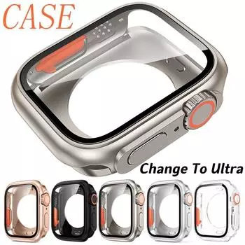Закаленное стекло + чехол из ПК для Apple Watch Series 9 8 7 45 мм 41 мм SE 6 5 4 44 мм 40 мм Замена на Ultra 2 Жесткий передний и задний бампер Защитная крышка экрана 45mm for apple watch прозрачный