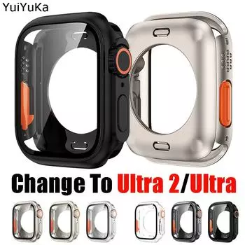 Закаленное стекло + чехол из ПК для Apple Watch Series 7 8 9 45 мм 41 мм SE 4 5 6 44 мм 40 мм Замена на Ultra 2 Жесткий передний и задний бампер Защитная крышка экрана 40mm for apple watch розового золота