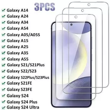 Закаленное стекло для Samsung Galaxy S24 S23 S22 Plus S21FE A04 A14 A54 A34 A15 A25 A05S A35 A55, 3 шт., защитная пленка для экрана, 3 шт. For Samsung A12 чёрный