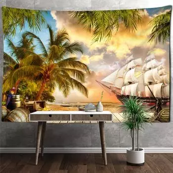 Закат Кокосовая Пальма Парусник Гобелен Настенный Бохо Эстетическая Комната Искусство Простой Декор Гостиной Общежития 95x70cm