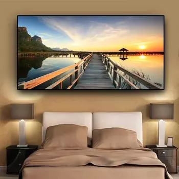 Закат мост деревянный озеро пейзаж плакаты и принты холст живопись Куадрос скандинавская настенная картина Декор в гостиную 20cm40cm NoFrame