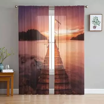 Закат над морским пирсом Роскошные шифоновые прозрачные шторы для гостиной, спальни, оконные вуали, тюль, занавески 135W x 114H(cm)