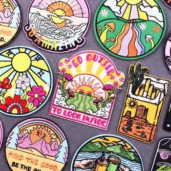 Закат Пейзаж Нашивки Термоклеящиеся Нашивки На Одежду Вышитые Нашивки На Одежду На Открытом Воздухе Кемпинга Нашивки Значки